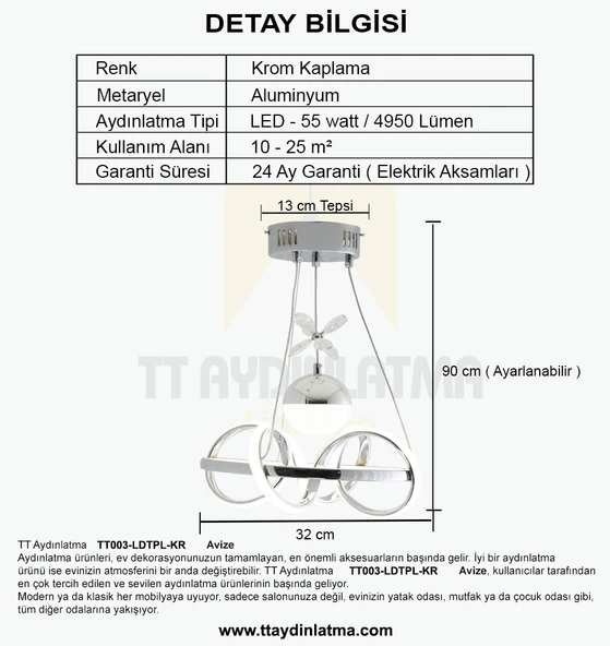 TT003-LDTPL-KR TT Aydınlatma Sarmal Modeli Krom Kaplama Ledli Toplu 3 Renk Modüllü Ledli Avize - 4