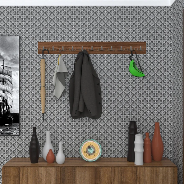 Kenzlife askılık tokadi mat ceviz renk suntalam 11 adet metal krom renk portmanto ürün görseli