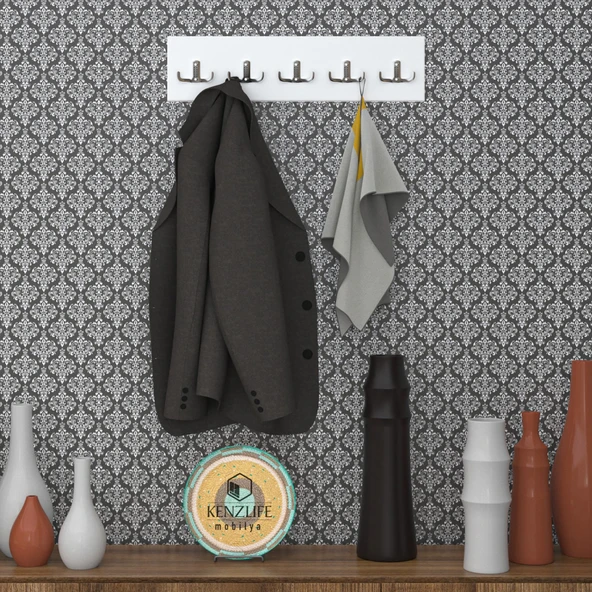 Kenzlife askılık tokadi mat beyaz renk suntalam 5 adet metal krom renk portmanto ürün görseli