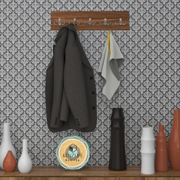 Kenzlife askılık tokadi mat ceviz renk suntalam 5 adet metal krom renk portmanto ürün görseli 1