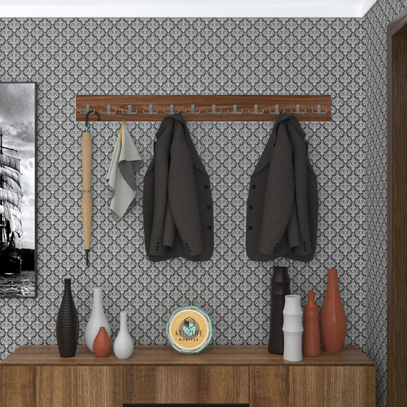 Kenzlife askılık tokadi mat ceviz renk suntalam 12 adet metal krom renk portmanto ürün görseli 1