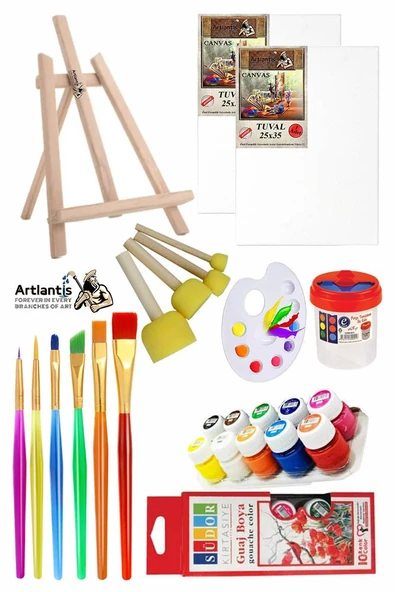 Mini Şövale 25x35 2 li Tuval Südor 10 Renk Guaj Boya Başlangıç Seti Fırça Palet Ponpon Su Kabı Masaüstü Sanatsal