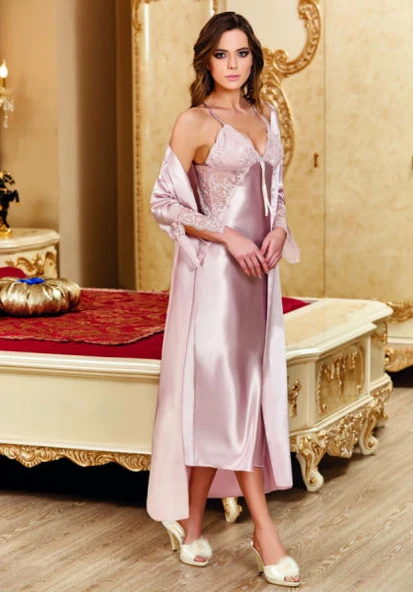 Monalisa Home 3588 Dantel Sabahlıklı Gecelik Takım XL -Pudra