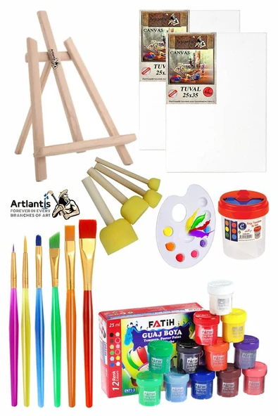 Mini Şövale 25x35 2 li Tuval Fatih 12 Renk Guaj Boya Başlangıç Seti Fırça Palet Ponpon Temizleme Kabı Masaüstü Sanatsal - 1