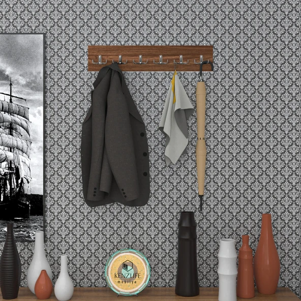 Kenzlife askılık tokadi mat ceviz renk suntalam 6 adet metal krom renk portmanto ürün görseli