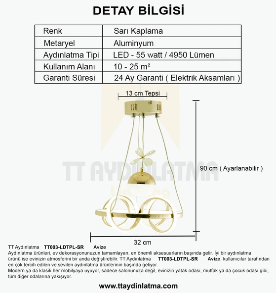 TT003-LDTPL-SR TT Aydınlatma Sarmal Modeli Sarı Kaplama Ledli Toplu 3 Renk Modüllü Ledli Avize - Resim 4