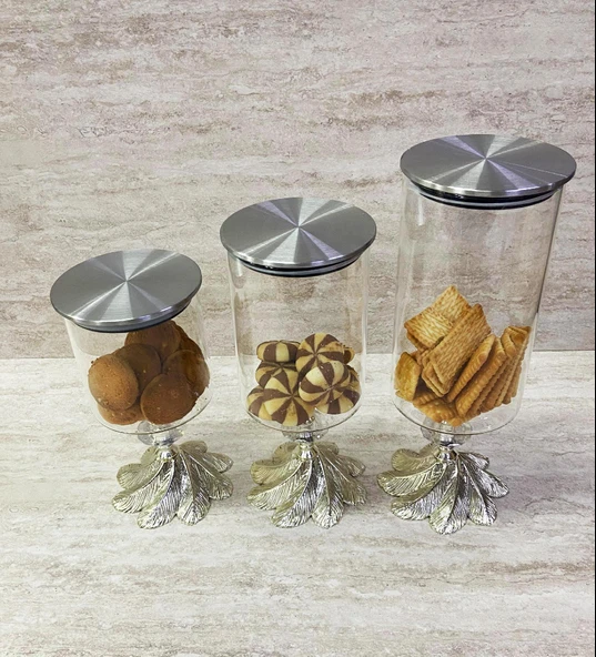 Ayaklı Dekoratif Cam Şekerlik Drajelik Kurabiyelik Sunumluk 3 Boy - 4