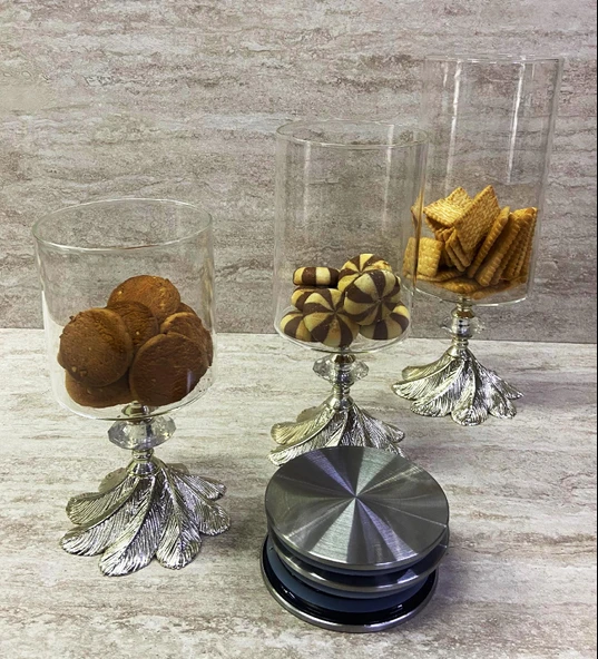 Ayaklı Dekoratif Cam Şekerlik Drajelik Kurabiyelik Sunumluk 3 Boy - 10