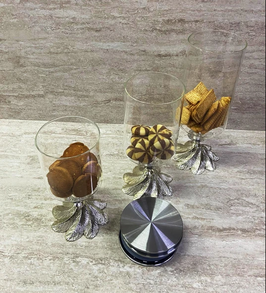 Ayaklı Dekoratif Cam Şekerlik Drajelik Kurabiyelik Sunumluk 3 Boy - 9