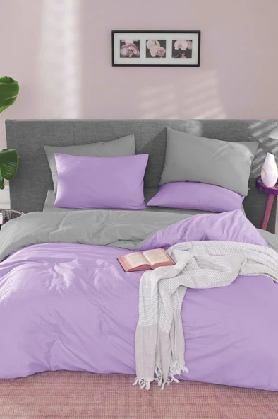 Natural Çift Taraflı Çift Kişilik Nevresim Takımı Gri Lila ürün görseli