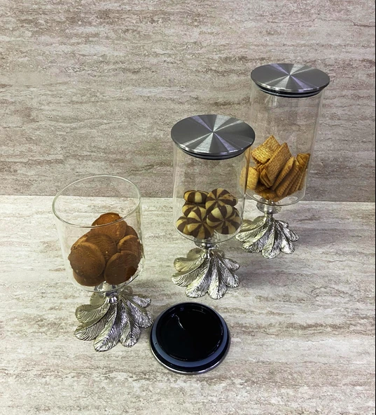 Ayaklı Dekoratif Cam Şekerlik Drajelik Kurabiyelik Sunumluk 3 Boy - 8