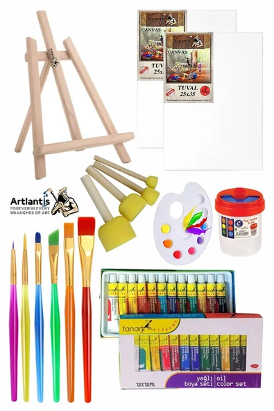 Mini Şövale 25x35 2 li Tuval Fanart 12 Renk Yağlı Boya Başlangıç Seti Fırça Palet Ponpon Su Kabı Masaüstü Sanatsal
