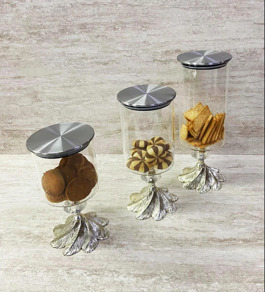 Ayaklı Dekoratif Cam Şekerlik Drajelik Kurabiyelik Sunumluk 3 Boy - 5