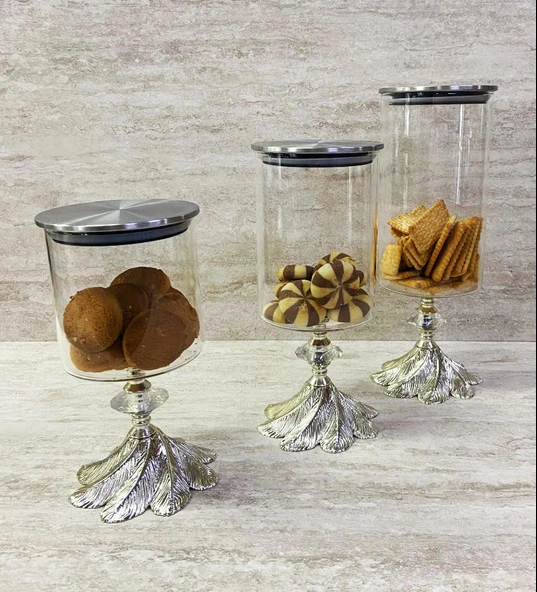 Ayaklı Dekoratif Cam Şekerlik Drajelik Kurabiyelik Sunumluk 3 Boy - 7