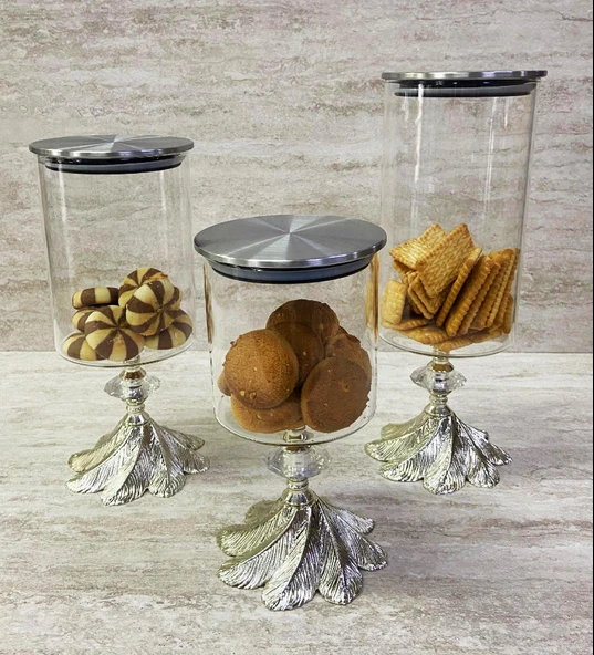 Ayaklı Dekoratif Cam Şekerlik Drajelik Kurabiyelik Sunumluk 3 Boy - 2
