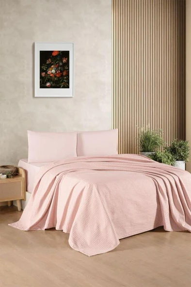 Kristal Bamboo Lastikli Çarşaflı Çift Kişilik Pike Takımı Pudra