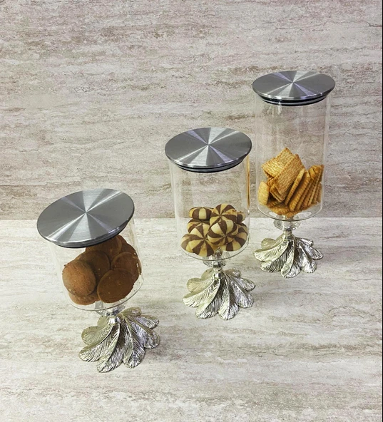 Ayaklı Dekoratif Cam Şekerlik Drajelik Kurabiyelik Sunumluk 3 Boy - 6