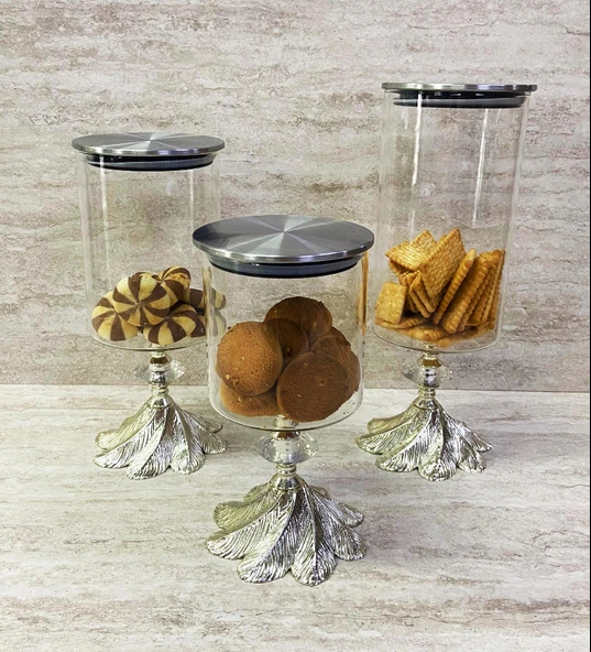 Ayaklı Dekoratif Cam Şekerlik Drajelik Kurabiyelik Sunumluk 3 Boy