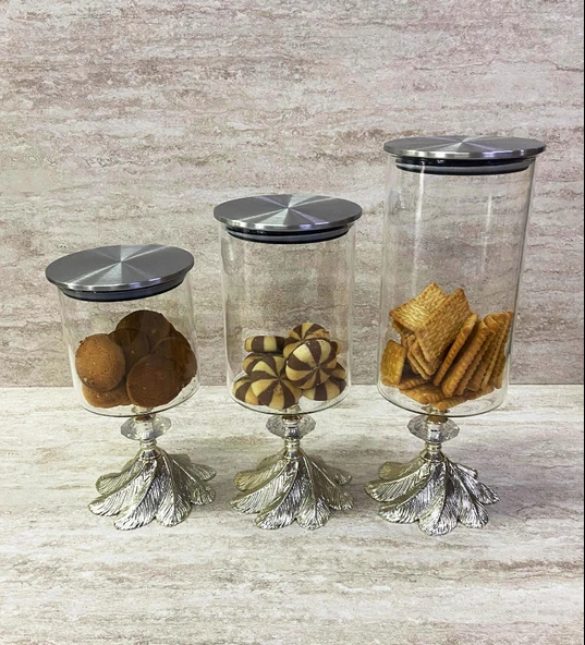 Ayaklı Dekoratif Cam Şekerlik Drajelik Kurabiyelik Sunumluk 3 Boy - 3