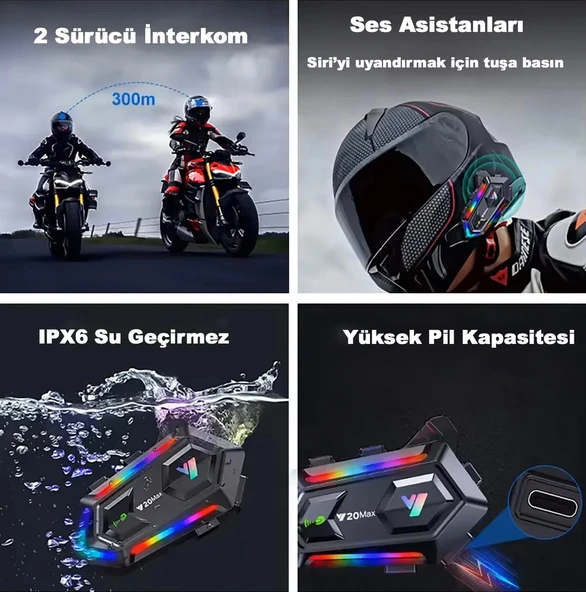 Y20 Max Bluetooth 5.3 Kask Interkom 2 Kişi 300 Metre Eşleşme Işıklı - 2