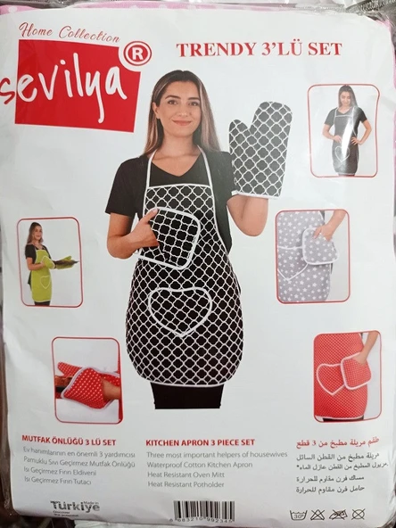 Sevilya Trendy 3lü Set Sıvı Geçirmez Mutfak Önlüğü Takımı
