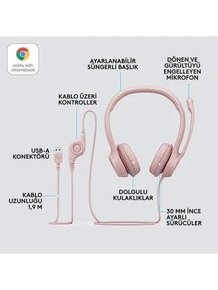 Logitech H390 Rose USB Gürültü Önleyici Kablolu Kulak Üstü Kulaklık - 2