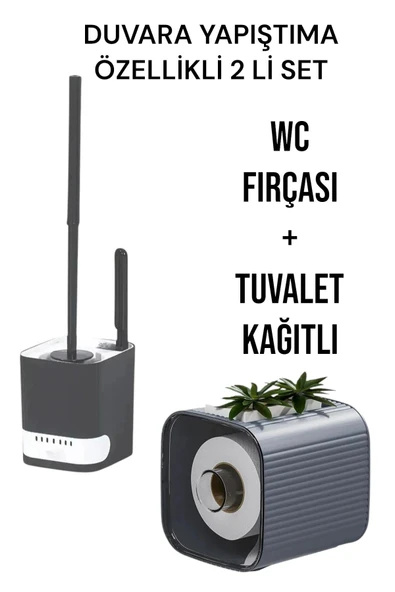2 li set-Kendinden Yapışkanlı Tuvalet Kağıdı WC Kağıt Asacağı ve Banyo Lavabo Wc Temizleme Fırçası