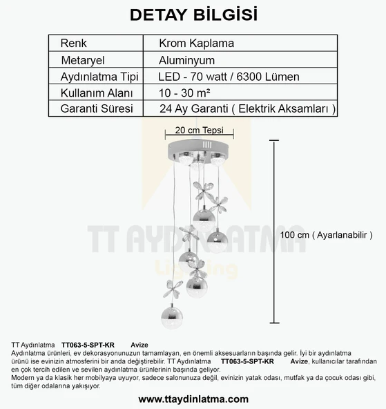 TT063-5-SPT-KR TT Aydınlatma Kelebek Toplu-Spotlu Krom 5 li 3 Renk Modüllü Ledli Avize - 4