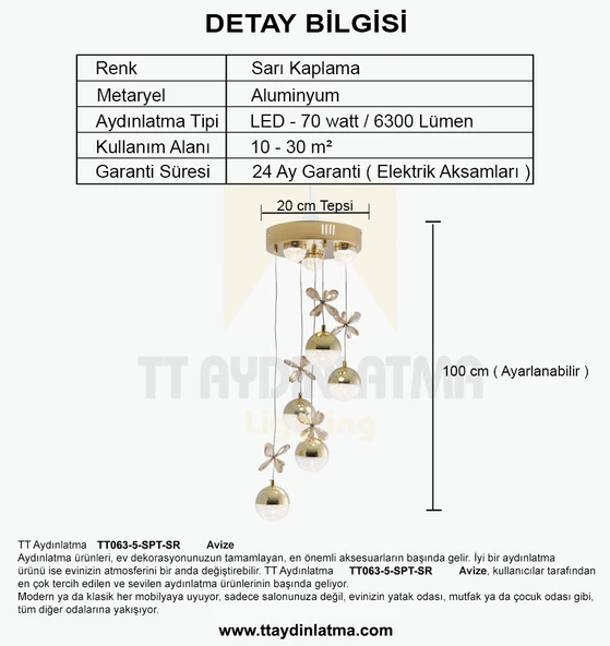 TT063-5-SPT-SR TT Aydınlatma Kelebek Toplu-Spotlu Sarı 5 li 3 Renk Modüllü Ledli Avize - 4