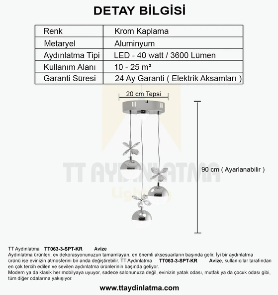 TT063-3-SPT-KR TT Aydınlatma Kelebek Toplu-Spotlu Krom 3 lü 3 Renk Modüllü Ledli Avize - 4