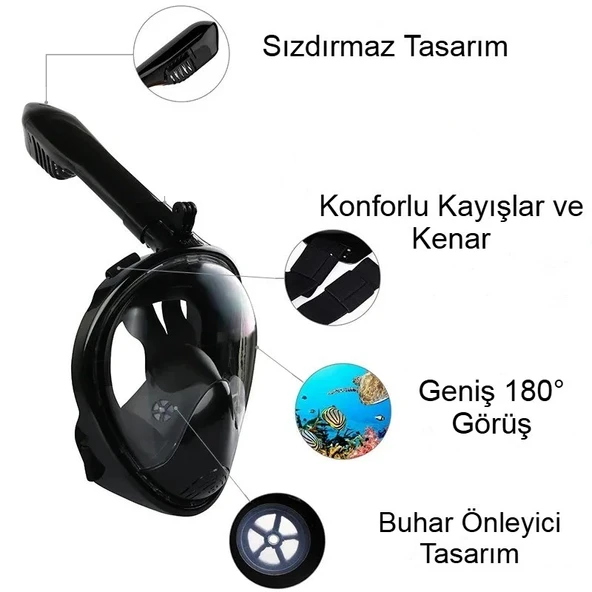 Yetişkinler İçin Tam Yüz Silikon Şnorkel Maskesi Panoramik Görüş Kolay Nefes Anti Sis Kuru - 3