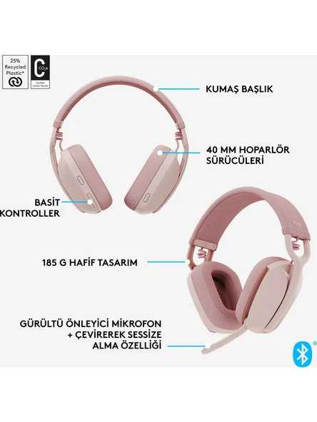 Logitech Zone Vibe 100 Kablosuz Kulak Üstü Kulaklık Pembe - 5