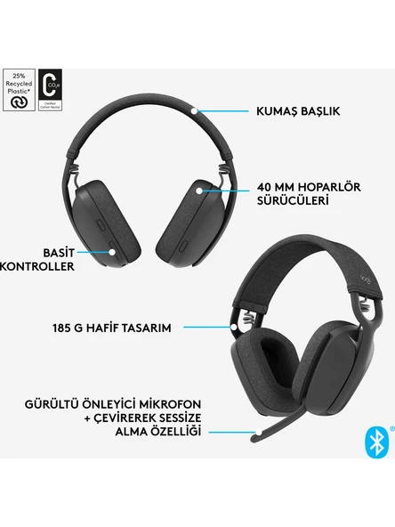 Logitech Zone Vibe 100 Mikrofonlu Kablosuz Bluetooth Kulak Üstü Kulaklık - Siyah - 6