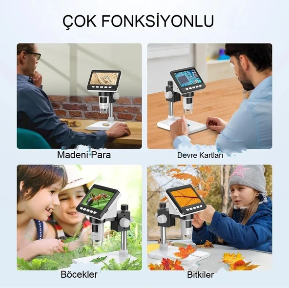 1000X Dijital Mikroskop 1080P LCD Ekran USB HD Mikroskop, 50X-1000X Büyütme, 8 LED Aydınlatma, 2MP Kamera ve Şarj Edilebilir Batarya - 7