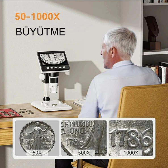 1000X Dijital Mikroskop 1080P LCD Ekran USB HD Mikroskop, 50X-1000X Büyütme, 8 LED Aydınlatma, 2MP Kamera ve Şarj Edilebilir Batarya - 5
