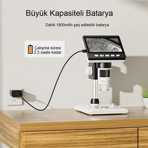 1000X Dijital Mikroskop 1080P LCD Ekran USB HD Mikroskop, 50X-1000X Büyütme, 8 LED Aydınlatma, 2MP Kamera ve Şarj Edilebilir Batarya - 2