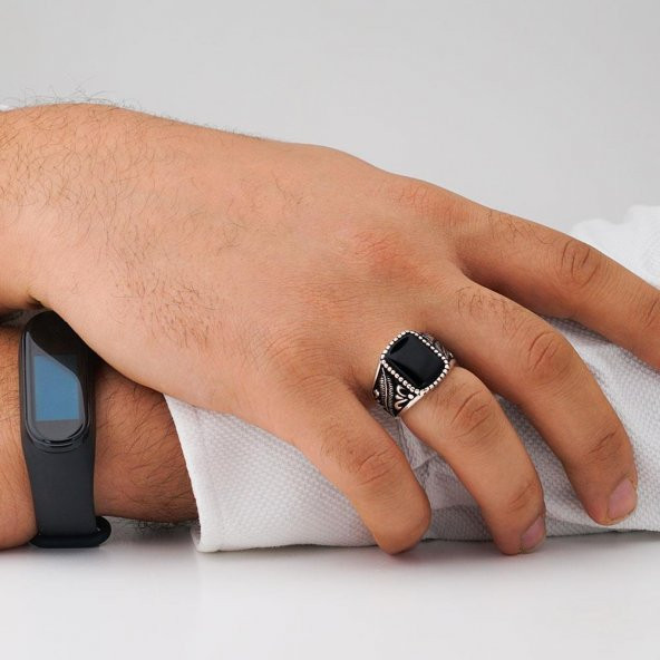 Siyah Oniks Taşlı Kuş Tuyu Motifli Gümüş Erkek Yüzük - Resim 2