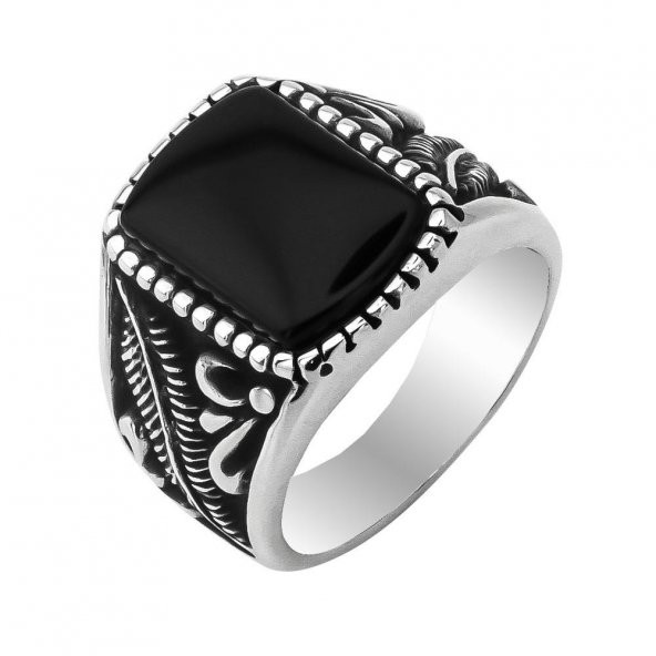 Siyah Oniks Taşlı Kuş Tuyu Motifli Gümüş Erkek Yüzük - Resim 3