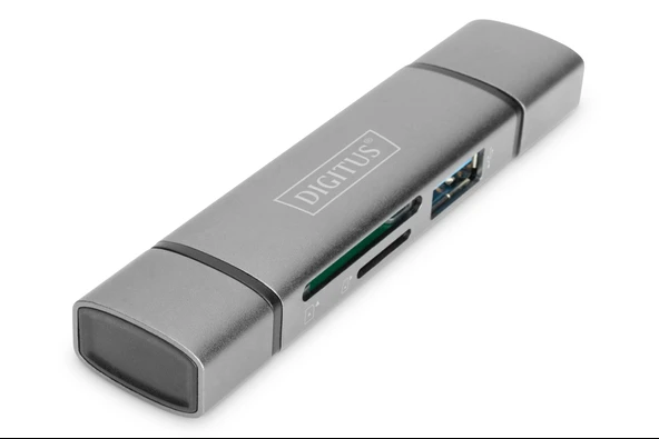 Digitus Çift Kart Okuyucu Hub, USB-C™ / USB 3.0, OTG ( Combo Kart Okuyucu Hub (USB-C + USB 3.0),  1 x SD, 1 x MicroSD, 1 x USB 3.0, gri renk)<br>
Digitus Dual Card Reader Hub USB-C™ / USB 3.0, O