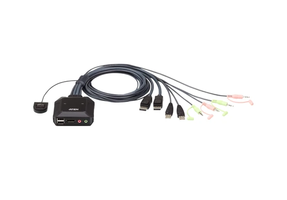 2 Port USB DisplayPort KVM (Keyboard/Video Monitor/Mouse) Switch, Masaüstü Tip, KVM bağlantı kablosu ürüne gömülüdür, Remote Port Selector ile birlikte<br>
2-Port USB DisplayPort Cable KVM Switc