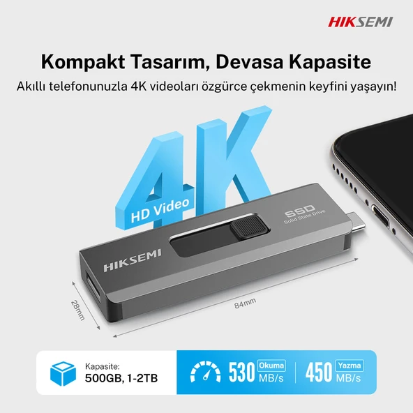 Hiksemi Swift S309C Taşınabilir SSD 1024 GB USB C + USB A Çıkışlı - PC/iOS(Type-C)/Android/Konsol Uyumlu - 530MB Okuma /450MB Yazma Hızı - Resim 5