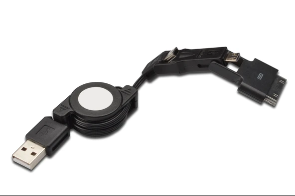 3 in 1 Makaralı Kablo, Samsung 30pin erkek <-> micro USB B erkek + mini USB B erkek + USB A, 0.75 metre, USB 2.0 uyumlu, AWG30, 2x zırhlı - 1