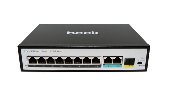 Beek Yönetilemeyen PoE+ Switch<br>
8 x 10/100BASE-T IEEE802.3af/at PoE+ port (Port başına 30.8 watt) (PoE Güç Bütçesi maks. 120 Watt)<br>
2 x 10/100/1000BASE-T port (combo)<br>
1 x 1