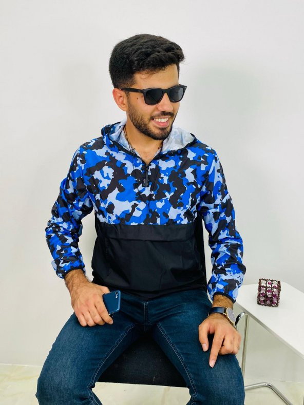 GRİLAND Unisex Su Geçirmez Yarım Desenli Kanguru Cep Kapüşonlu Yağmurluk - 1