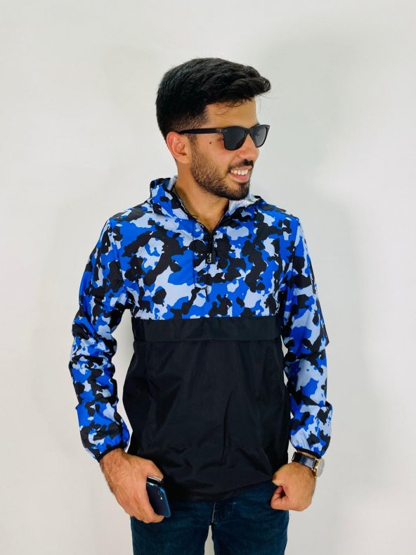 GRİLAND Unisex Su Geçirmez Yarım Desenli Kanguru Cep Kapüşonlu Yağmurluk - 2