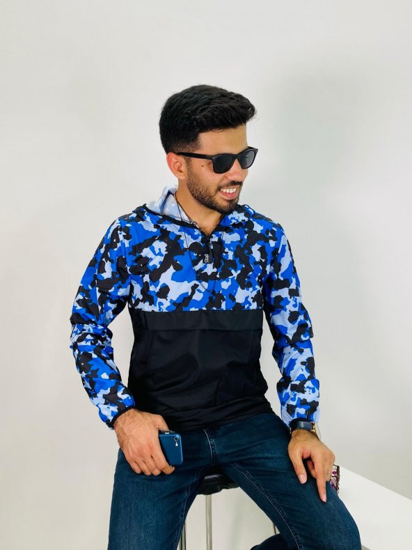 GRİLAND Unisex Su Geçirmez Yarım Desenli Kanguru Cep Kapüşonlu Yağmurluk - 4