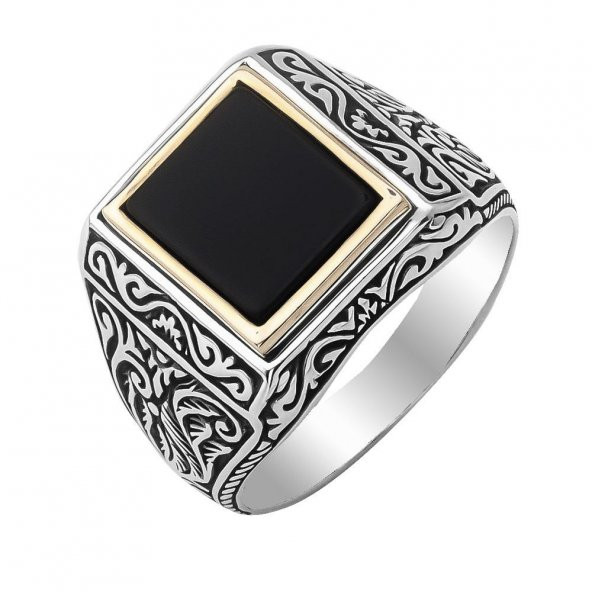 Siyah Onisk Taşlı Desenli Gümüş Erkek Yüzük - Resim 3