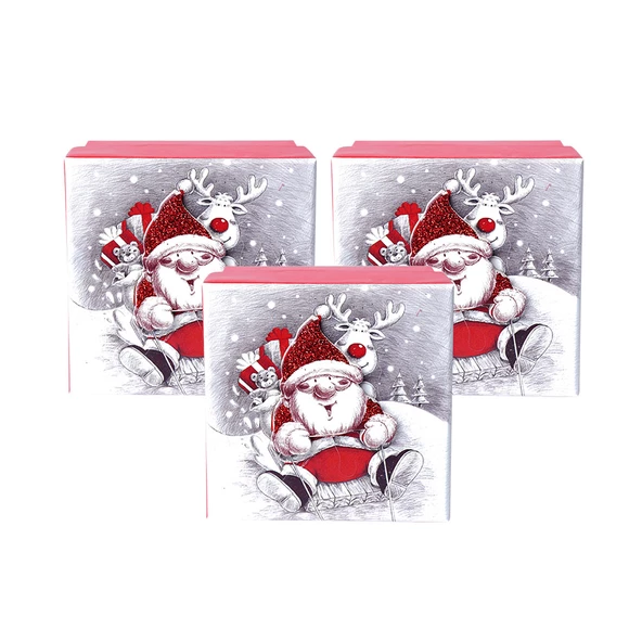 Yılbaşı Noel Baba ve Geyik Motifli Hediye Kutusu Küçük Set 3'lü