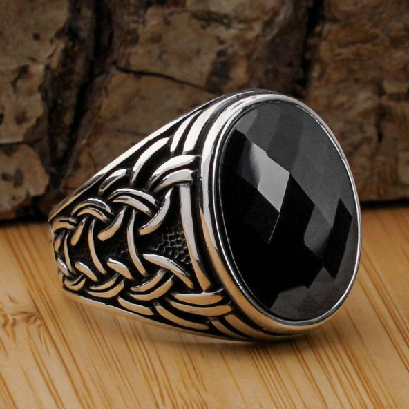 Siyah Zirkon Taşlı Örgü Desenli 925 Ayar Gümüş Yüzük ürün görseli