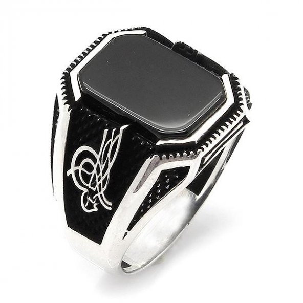Siyah Oniks Taşlı Osmanlı Tuğra Detaylı 925 Ayar Gümüş Erkek Yüzük - Resim 3
